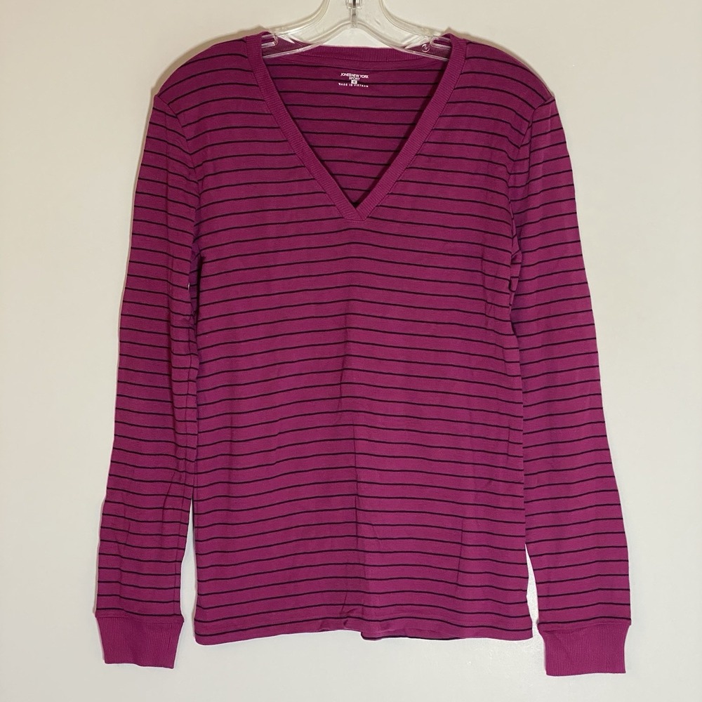 Jones New York Top Womens Medium Pink Black Striped Sport V Neck Boho Preppy M